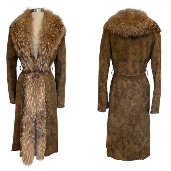 VTG Suede Penny Lane Finnraccoon & Shearling Lamb Fur Trench Coat - Picture 1 of 11